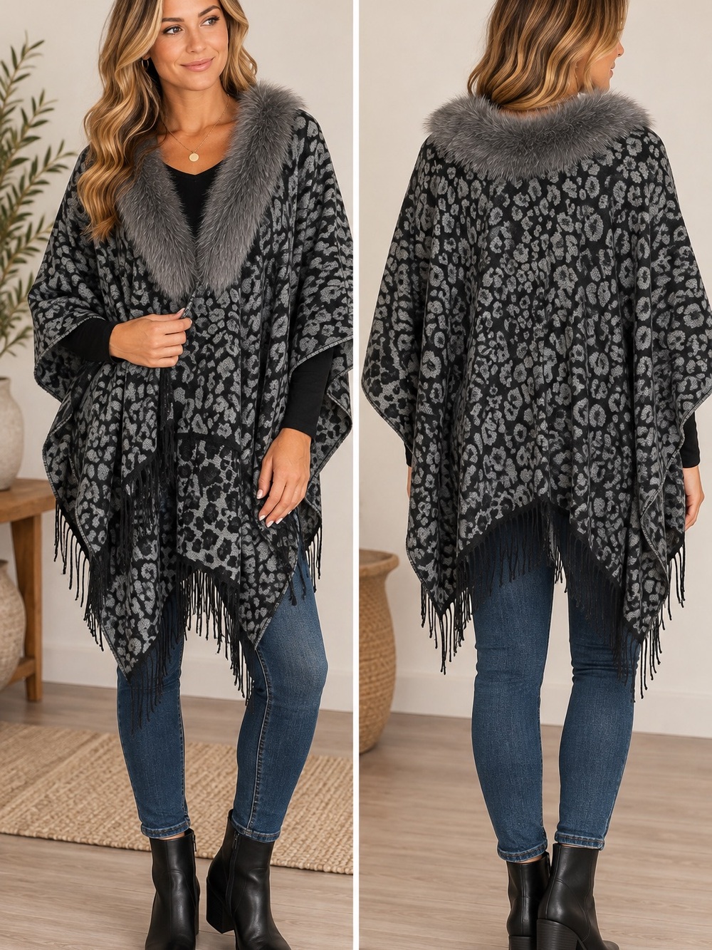 Marcus Adler New York Leopard Print Faux Fur Collar Ruana Poncho Fringe Gray